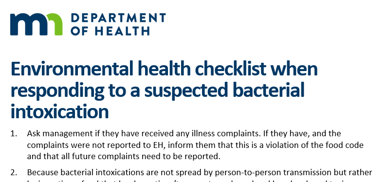 Screenshot of "Environmental health checklist when responding to a suspected bacterial intoxication"